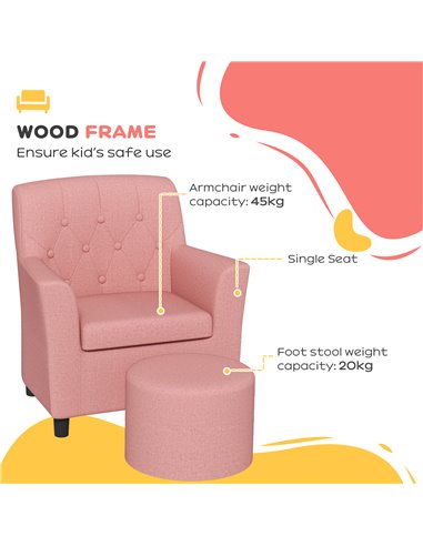 AIYAPLAY 2PCs Kids Sofa Set with Footrest, for Playroom, Bedroom, Pink 310-081V70PK