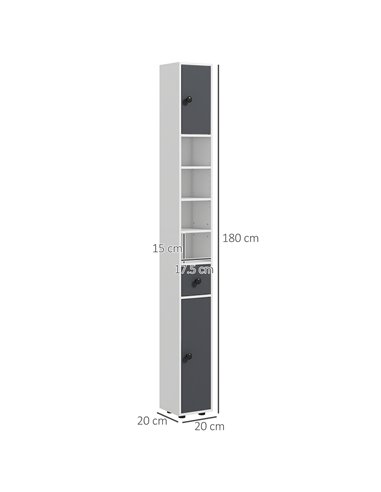 Kleankin 180cm Tall Slim Bathroom Cabinet, Narrow Toilet Roll Storage with Open Shelves, 2 Door Cabinets, Adjustable Shelves, fo