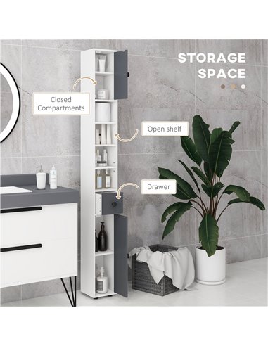 Kleankin 180cm Tall Slim Bathroom Cabinet, Narrow Toilet Roll Storage with Open Shelves, 2 Door Cabinets, Adjustable Shelves, fo