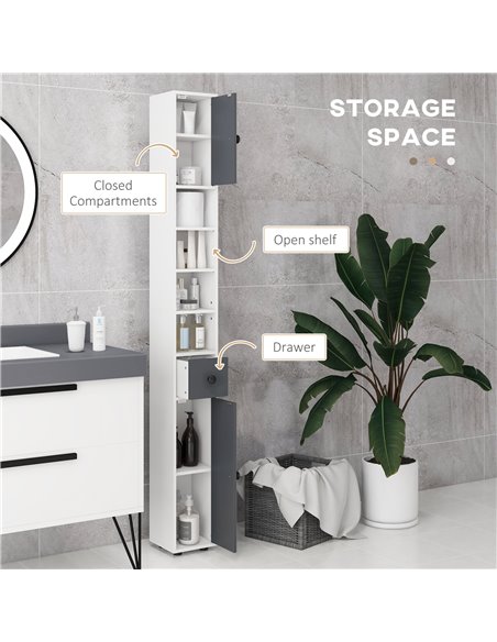 Kleankin 180cm Tall Slim Bathroom Cabinet, Narrow Toilet Roll Storage with Open Shelves, 2 Door Cabinets, Adjustable Shelves, fo - pic 87314 | FastDaddyshop