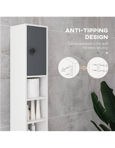 Kleankin 180cm Tall Slim Bathroom Cabinet, Narrow Toilet Roll Storage with Open Shelves, 2 Door Cabinets, Adjustable Shelves, fo