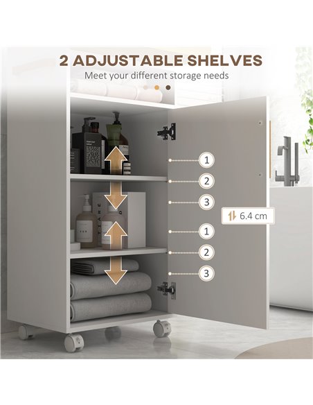 Kleankin Bathroom Cabinet with Wheels, Bathroom Storage Cabinet w/ Cushioned Door, Removable Tray, Open Compartment & Adjustable - pic 87324 | FastDaddyshop