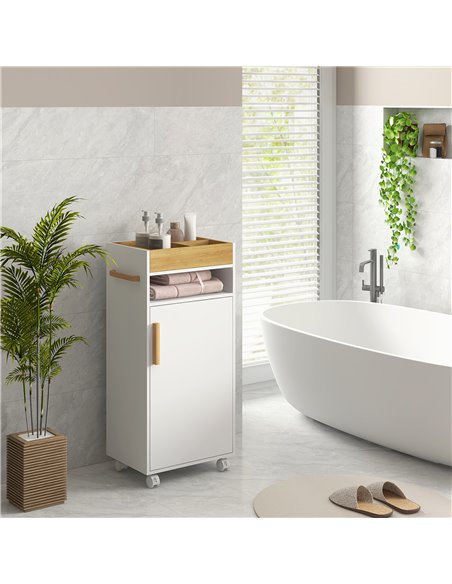 Kleankin Bathroom Cabinet with Wheels, Bathroom Storage Cabinet w/ Cushioned Door, Removable Tray, Open Compartment & Adjustable - pic 87326 | FastDaddyshop