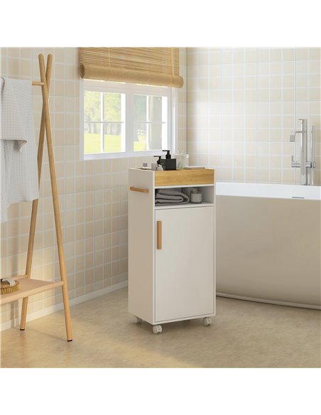 Kleankin Bathroom Cabinet with Wheels, Bathroom Storage Cabinet w/ Cushioned Door, Removable Tray, Open Compartment & Adjustable - pic 87327 | FastDaddyshop