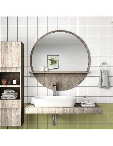 kleankin 45cm Round Home Mirror, with Shelf - Grey Wood-Effect 834-604V00GY