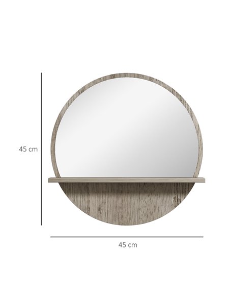 kleankin 45cm Round Home Mirror, with Shelf - Grey Wood-Effect 834-604V00GY - pic 87340 | FastDaddyshop