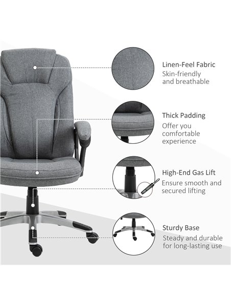 Vinsetto Linen Fabric Home Office Chair, Height Adjustable Computer Chair with Padded Armrests and Tilt Function, Grey - pic 8752 | FastDaddyshop