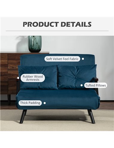 HOMCOM Click Clack Sofa Bed, Convertible 2 Seater Sofa Couch with 2 Cushions, for Living Room, Bedroom, Navy Blue 839-835V70NU