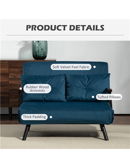 HOMCOM Click Clack Sofa Bed, Convertible 2 Seater Sofa Couch with 2 Cushions, for Living Room, Bedroom, Navy Blue 839-835V70NU - pic 87577 | FastDaddyshop