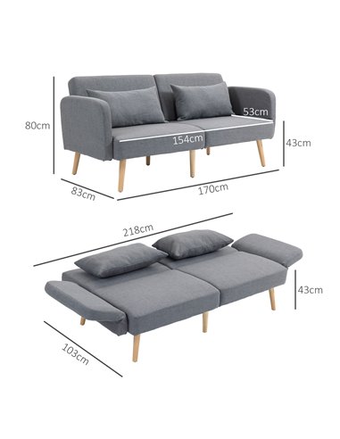 HOMCOM 3/2 Seater Sofa Bed, Convertible Bed Settee, Modern Fabric Loveseat Sofa Couch with 2 Cushions for Living Room, Guest Roo