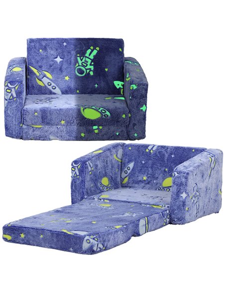 AIYAPLAY Childrens Sofa Beds 2 in 1 Kids Foldable Chair Bed with Glow in The Dark Cosmic Design, Washable Cushion and Cover, Blu - pic 87644 | FastDaddyshop