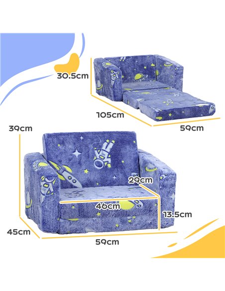 AIYAPLAY Childrens Sofa Beds 2 in 1 Kids Foldable Chair Bed with Glow in The Dark Cosmic Design, Washable Cushion and Cover, Blu - pic 87646 | FastDaddyshop