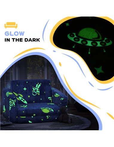 AIYAPLAY Childrens Sofa Beds 2 in 1 Kids Foldable Chair Bed with Glow in The Dark Cosmic Design, Washable Cushion and Cover, Blu