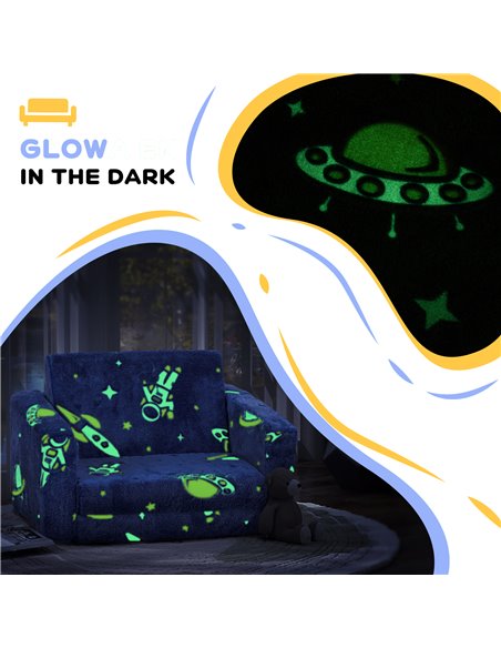 AIYAPLAY Childrens Sofa Beds 2 in 1 Kids Foldable Chair Bed with Glow in The Dark Cosmic Design, Washable Cushion and Cover, Blu - pic 87647 | FastDaddyshop