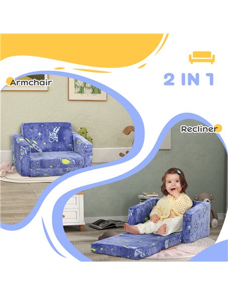 AIYAPLAY Childrens Sofa Beds 2 in 1 Kids Foldable Chair Bed with Glow in The Dark Cosmic Design, Washable Cushion and Cover, Blu - pic 87648 | FastDaddyshop