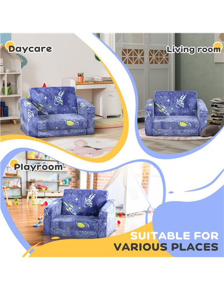 AIYAPLAY Childrens Sofa Beds 2 in 1 Kids Foldable Chair Bed with Glow in The Dark Cosmic Design, Washable Cushion and Cover, Blu - pic 87649 | FastDaddyshop
