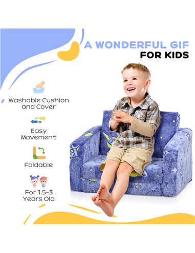 AIYAPLAY Childrens Sofa Beds 2 in 1 Kids Foldable Chair Bed with Glow in The Dark Cosmic Design, Washable Cushion and Cover, Blu