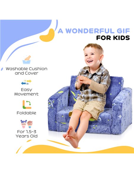 AIYAPLAY Childrens Sofa Beds 2 in 1 Kids Foldable Chair Bed with Glow in The Dark Cosmic Design, Washable Cushion and Cover, Blu - pic 87650 | FastDaddyshop