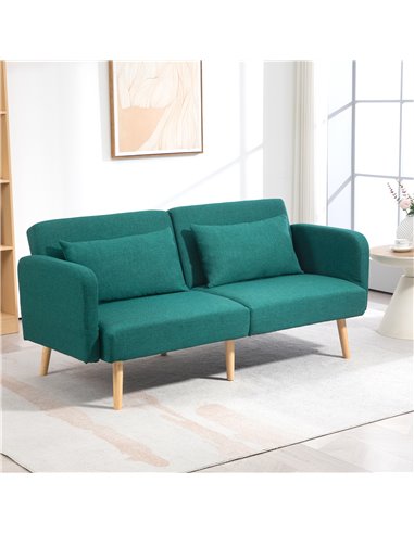 HOMCOM 2/3 Seater Sofa Bed, Convertible Bed Settee, Fabric Sofa Couch with 2 Cushions for Living Room, Guest Room, Green 839-972
