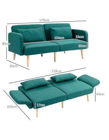 HOMCOM 2/3 Seater Sofa Bed, Convertible Bed Settee, Fabric Sofa Couch with 2 Cushions for Living Room, Guest Room, Green 839-972