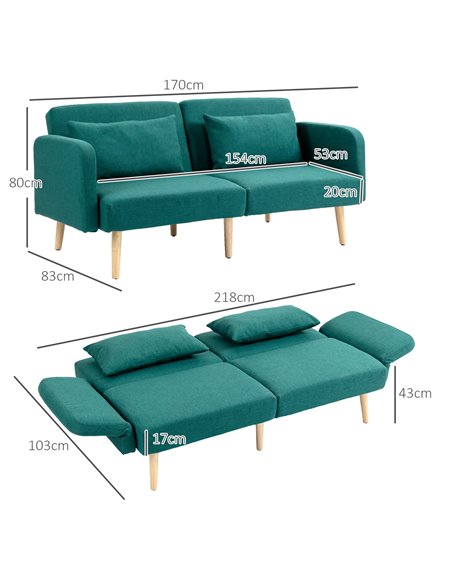 HOMCOM 2/3 Seater Sofa Bed, Convertible Bed Settee, Fabric Sofa Couch with 2 Cushions for Living Room, Guest Room, Green 839-972 - pic 87655 | FastDaddyshop