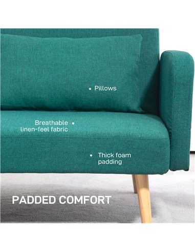 HOMCOM 2/3 Seater Sofa Bed, Convertible Bed Settee, Fabric Sofa Couch with 2 Cushions for Living Room, Guest Room, Green 839-972