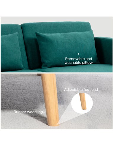 HOMCOM 2/3 Seater Sofa Bed, Convertible Bed Settee, Fabric Sofa Couch with 2 Cushions for Living Room, Guest Room, Green 839-972