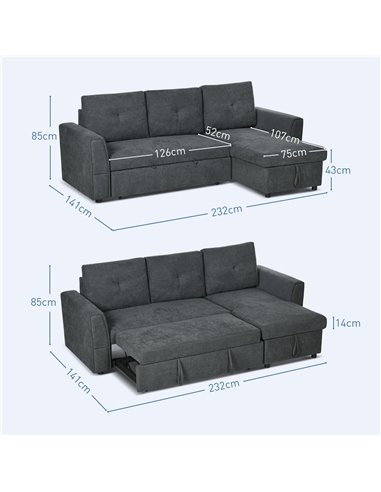 HOMCOM 3 Seater Sofa Bed, L-Shaped Corner Sofa, Pull Out Sofa with Storage, Convertible Click Clack Settee Sectional Sleeper Fut