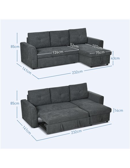 HOMCOM 3 Seater Sofa Bed, L-Shaped Corner Sofa, Pull Out Sofa with Storage, Convertible Click Clack Settee Sectional Sleeper Fut - pic 87664 | FastDaddyshop
