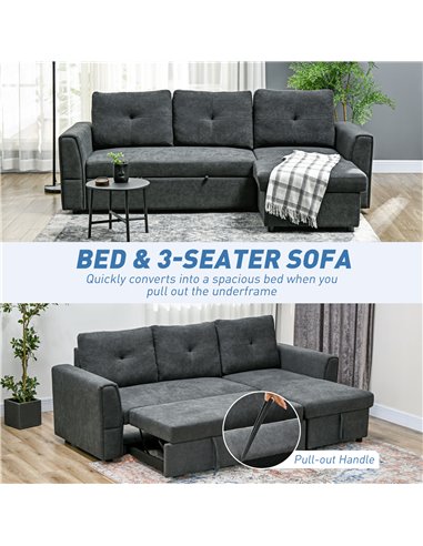 HOMCOM 3 Seater Sofa Bed, L-Shaped Corner Sofa, Pull Out Sofa with Storage, Convertible Click Clack Settee Sectional Sleeper Fut