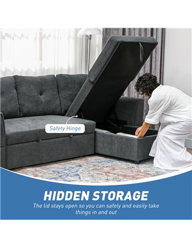 HOMCOM 3 Seater Sofa Bed, L-Shaped Corner Sofa, Pull Out Sofa with Storage, Convertible Click Clack Settee Sectional Sleeper Fut