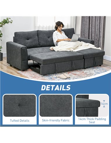HOMCOM 3 Seater Sofa Bed, L-Shaped Corner Sofa, Pull Out Sofa with Storage, Convertible Click Clack Settee Sectional Sleeper Fut