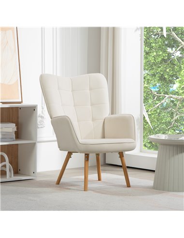 HOMCOM Modern Accent Chair Velvet-Touch Tufted Wingback Armchair Upholstered Leisure Lounge Sofa Club Chair with Wood Legs, Crea