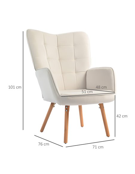 HOMCOM Modern Accent Chair Velvet-Touch Tufted Wingback Armchair Upholstered Leisure Lounge Sofa Club Chair with Wood Legs, Crea - pic 87673 | FastDaddyshop
