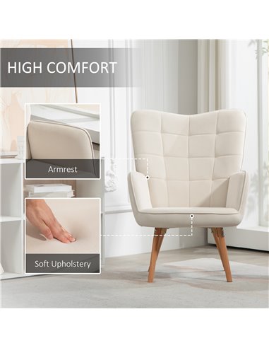 HOMCOM Modern Accent Chair Velvet-Touch Tufted Wingback Armchair Upholstered Leisure Lounge Sofa Club Chair with Wood Legs, Crea