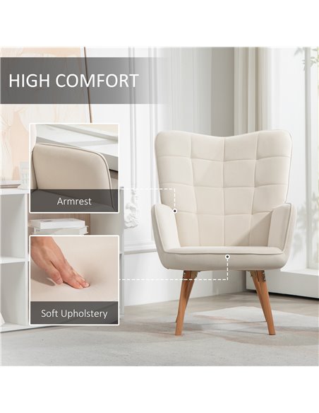 HOMCOM Modern Accent Chair Velvet-Touch Tufted Wingback Armchair Upholstered Leisure Lounge Sofa Club Chair with Wood Legs, Crea - pic 87674 | FastDaddyshop