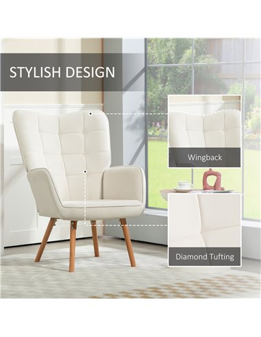 HOMCOM Modern Accent Chair Velvet-Touch Tufted Wingback Armchair Upholstered Leisure Lounge Sofa Club Chair with Wood Legs, Crea