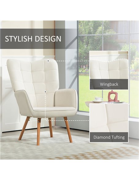 HOMCOM Modern Accent Chair Velvet-Touch Tufted Wingback Armchair Upholstered Leisure Lounge Sofa Club Chair with Wood Legs, Crea - pic 87675 | FastDaddyshop
