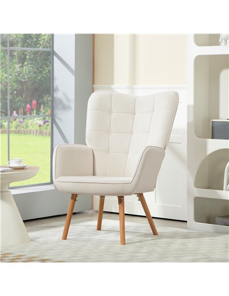 HOMCOM Modern Accent Chair Velvet-Touch Tufted Wingback Armchair Upholstered Leisure Lounge Sofa Club Chair with Wood Legs, Crea - pic 87678 | FastDaddyshop