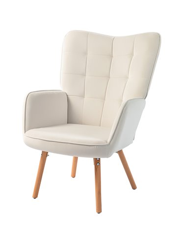 HOMCOM Modern Accent Chair Velvet-Touch Tufted Wingback Armchair Upholstered Leisure Lounge Sofa Club Chair with Wood Legs, Crea