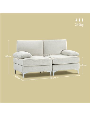 HOMCOM 2 Seater Sofa, Modern Fabric Loveseat with Spring Cushion and Metal Legs, Small Couch for Living Room, Bedroom, Home Offi