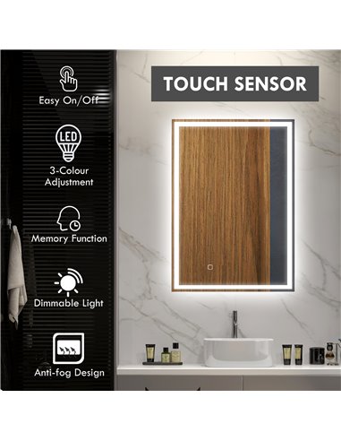 HOMCOM 70 x 50cm LED Bathroom Mirror with Lights, Dimmable Makeup Mirror, Vanity Mirror with 3 Colour, Smart Touch, Anti-Fog 834