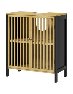 HOMCOM Under Sink Bathroom Cabinet, Bamboo Sink Storage Cabinet, Bathroom Vanity Unit w/ 2 Slat Doors, Adjustable Shelf & U-Shap