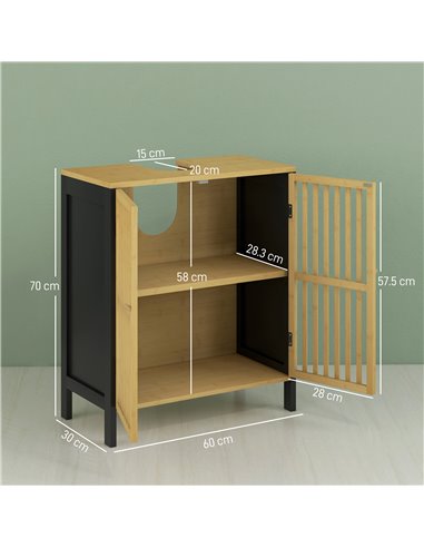 HOMCOM Under Sink Bathroom Cabinet, Bamboo Sink Storage Cabinet, Bathroom Vanity Unit w/ 2 Slat Doors, Adjustable Shelf & U-Shap