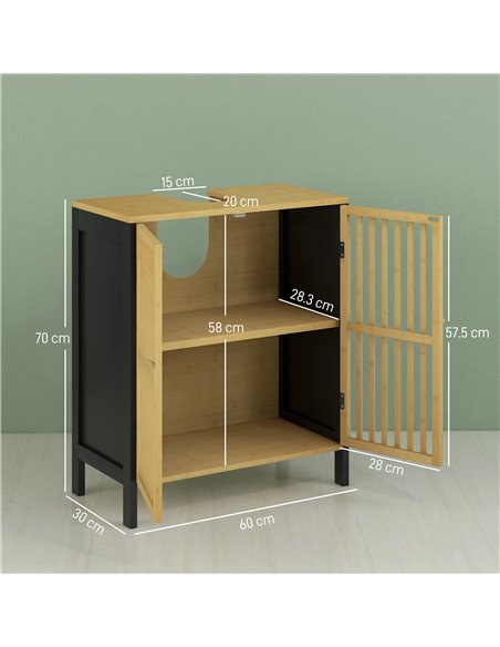 HOMCOM Under Sink Bathroom Cabinet, Bamboo Sink Storage Cabinet, Bathroom Vanity Unit w/ 2 Slat Doors, Adjustable Shelf & U-Shap - pic 87799 | FastDaddyshop