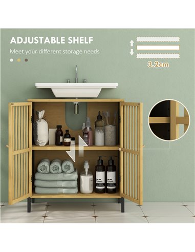 HOMCOM Under Sink Bathroom Cabinet, Bamboo Sink Storage Cabinet, Bathroom Vanity Unit w/ 2 Slat Doors, Adjustable Shelf & U-Shap