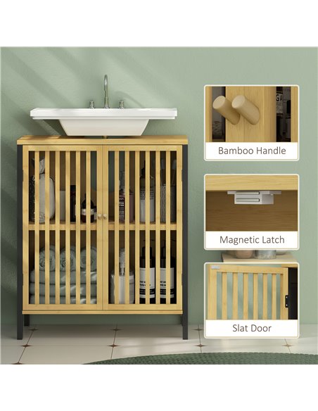 HOMCOM Under Sink Bathroom Cabinet, Bamboo Sink Storage Cabinet, Bathroom Vanity Unit w/ 2 Slat Doors, Adjustable Shelf & U-Shap - pic 87803 | FastDaddyshop