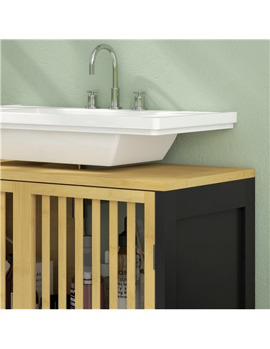 HOMCOM Under Sink Bathroom Cabinet, Bamboo Sink Storage Cabinet, Bathroom Vanity Unit w/ 2 Slat Doors, Adjustable Shelf & U-Shap