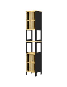 HOMCOM Tall Bathroom Storage Cabinet, Slim Bamboo Bathroom Cabinet with 2 Open Compartments, 2 Slatted Doors and Adjustable Shel