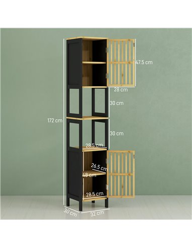 HOMCOM Tall Bathroom Storage Cabinet, Slim Bamboo Bathroom Cabinet with 2 Open Compartments, 2 Slatted Doors and Adjustable Shel
